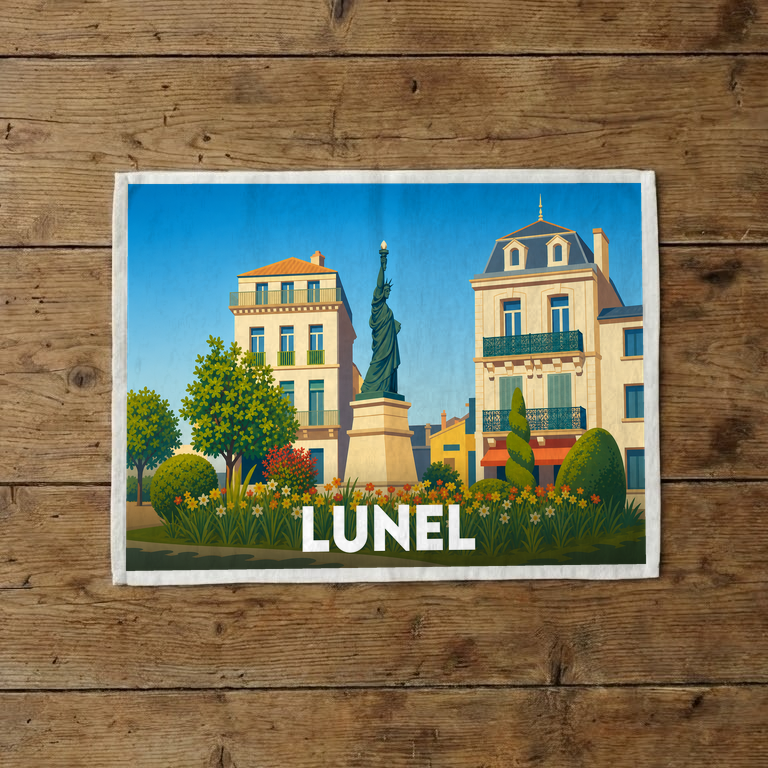 Torchon souvenir de la ville de Lunel illustré d'une réplique de la statue de la Liberté entourée de bâtiments de style haussmannien.