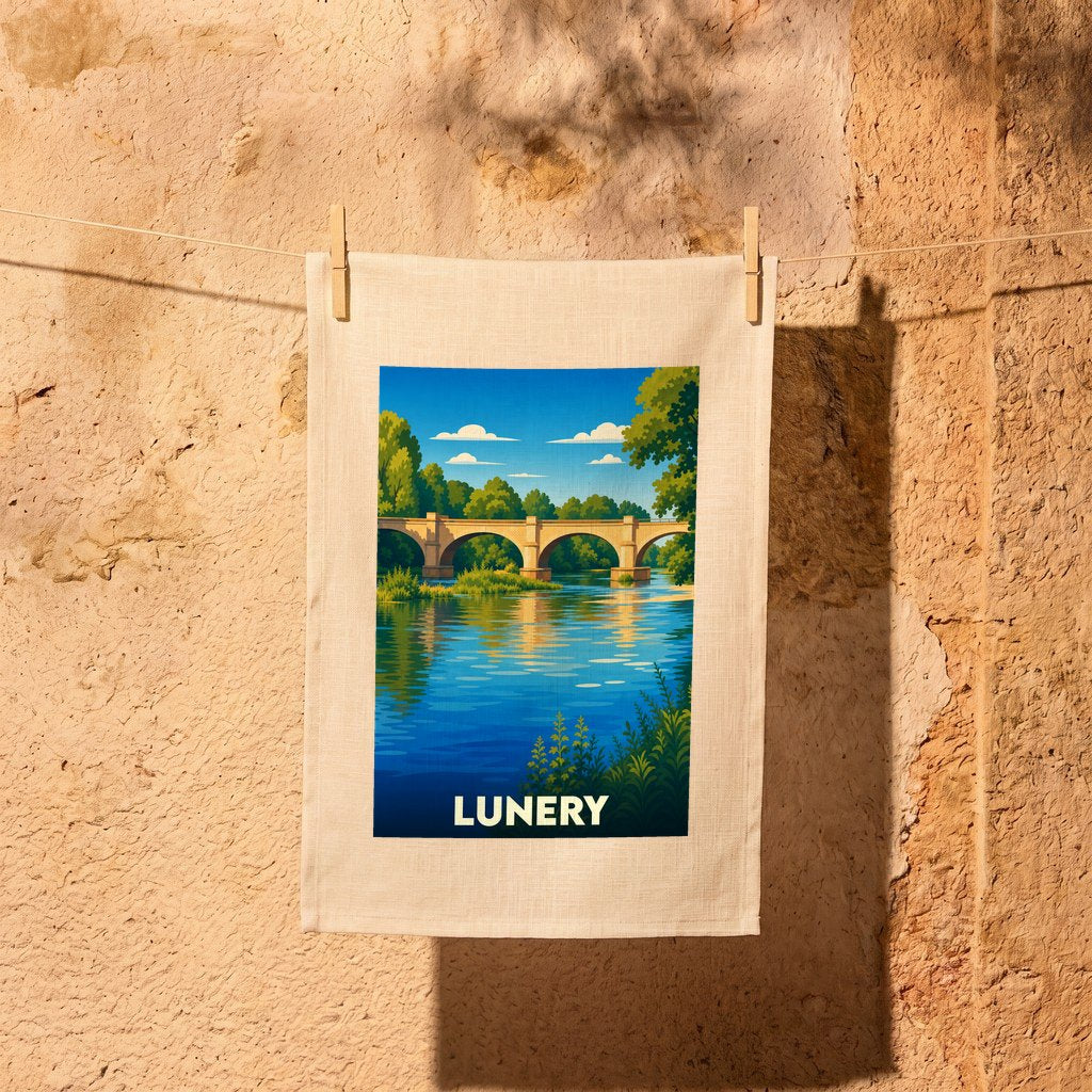 Torchon souvenir de la ville de Lunery avec une illustration stylisée d'un pont au-dessus de l'eau.