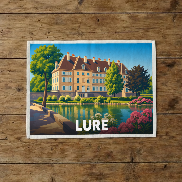 Torchon souvenir de la ville de Lure illustré d'un château au bord de l'eau.