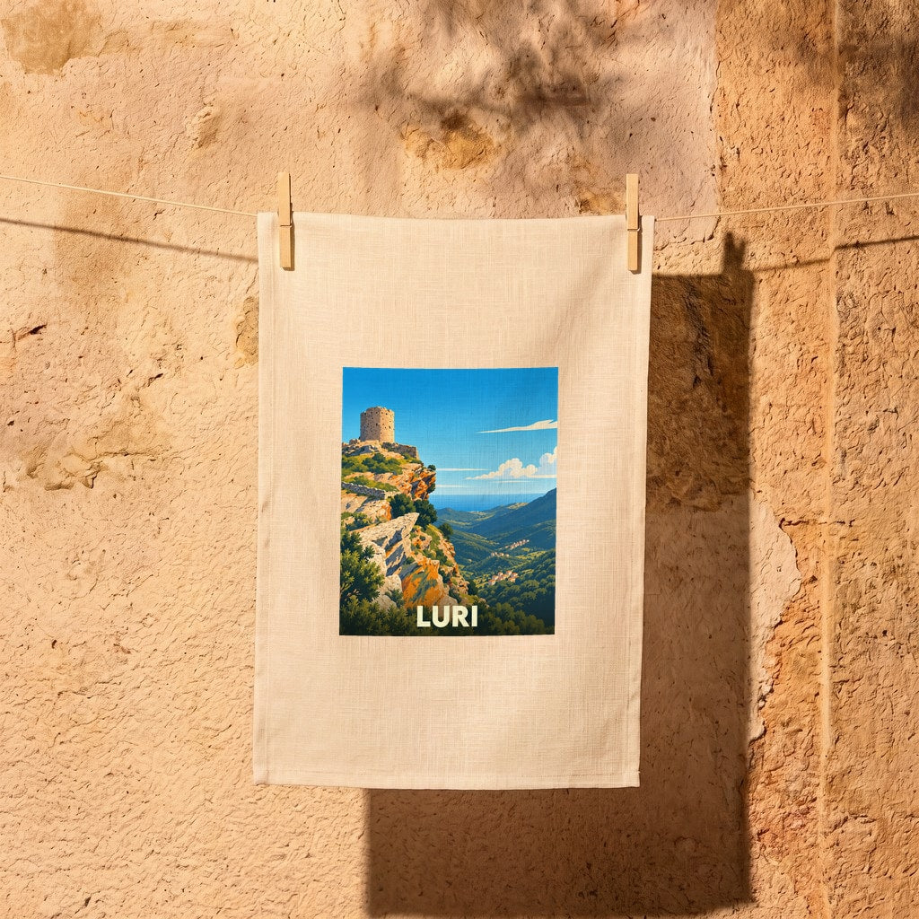 Torchon souvenir de la ville de Luri avec une illustration stylisée.