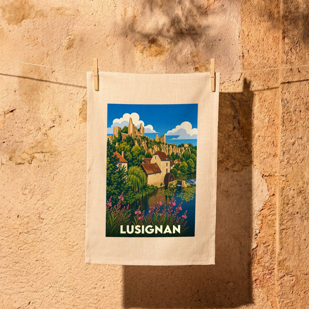 Torchon souvenir de la ville de Lusignan avec une illustration stylisée.