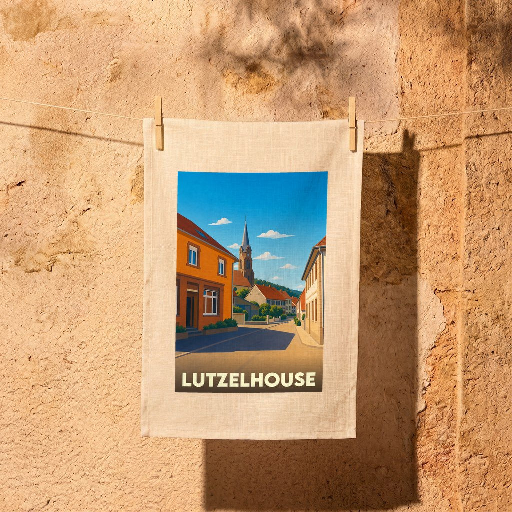 Torchon souvenir de la ville de Lutzelhouse avec une illustration stylisée d'une rue pittoresque.