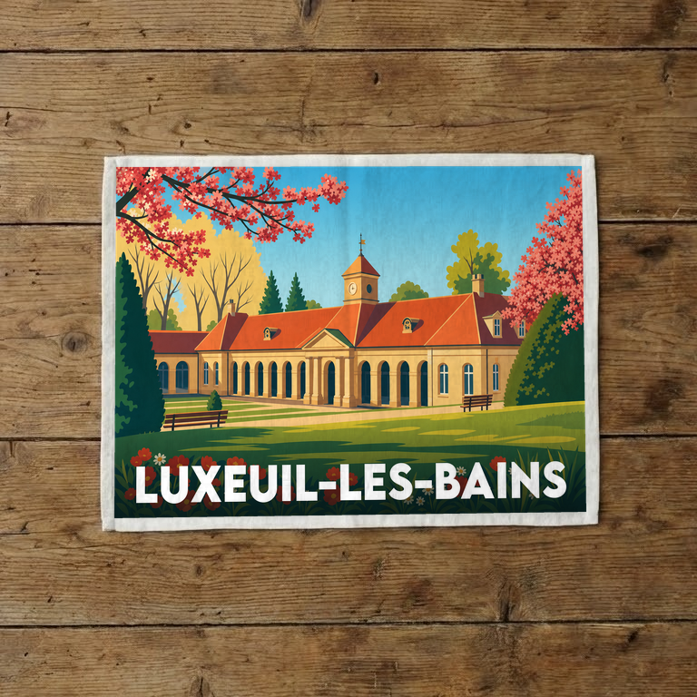 Torchon souvenir de la ville de Luxeuil-les-Bains avec une illustration stylisée de ses thermes.
