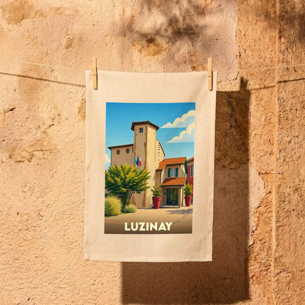 Torchon souvenir de la ville de Luzinay avec une illustration stylisée d'un bâtiment provençal.