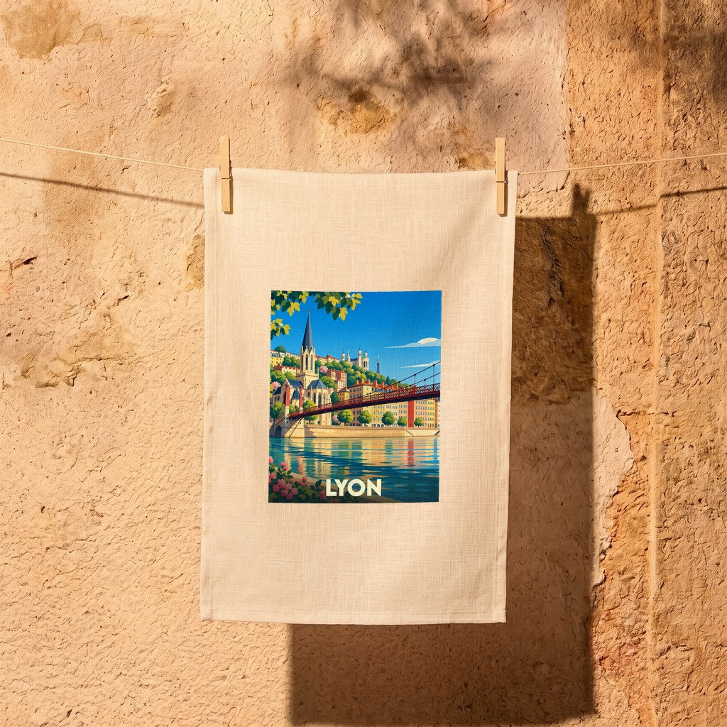 Torchon souvenir de la ville de Lyon avec une illustration stylisée des bords de Saône.
