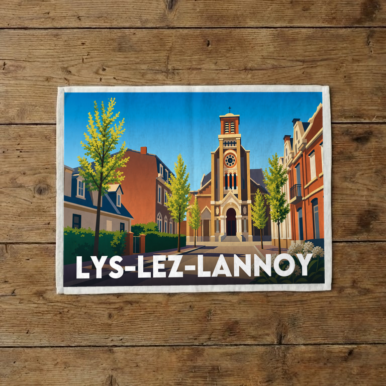 Torchon souvenir de la ville de Lys-lez-Lannoy avec une illustration stylisée.
