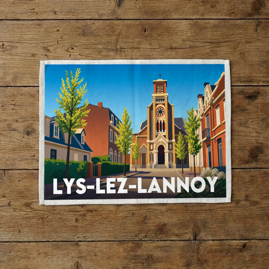 Torchon souvenir de la ville de Lys-lez-Lannoy avec une illustration stylisée.