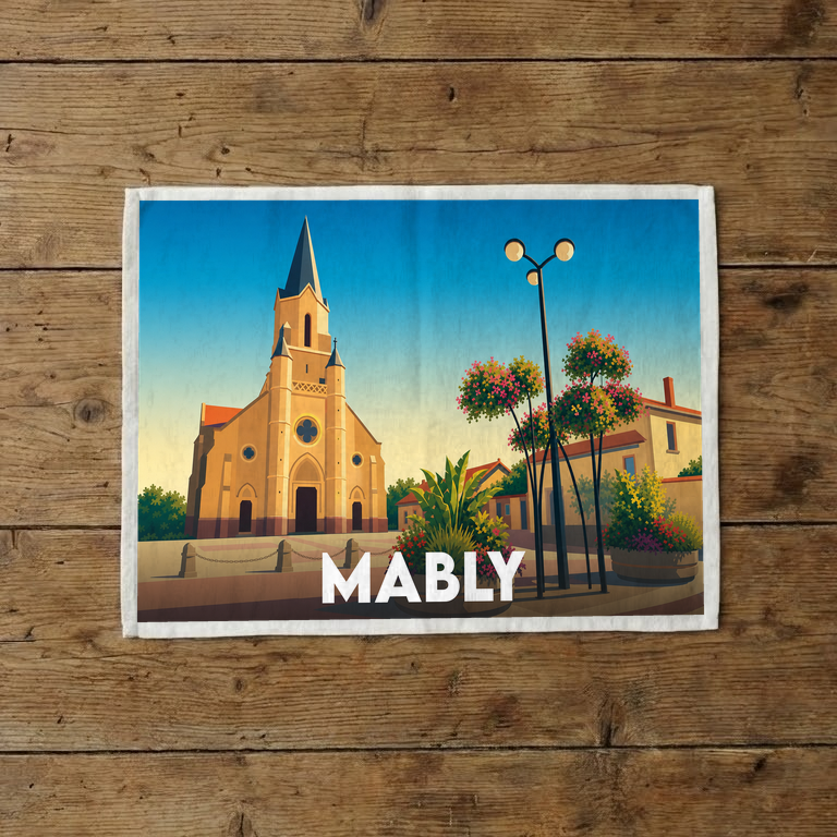 Torchon souvenir de la ville de Mably avec une illustration stylisée de son église sous un ciel bleu.