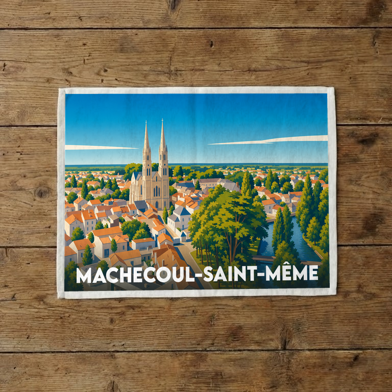 Torchon souvenir de la ville de Machecoul-Saint-Même avec une illustration stylisée de son église et de ses toits.