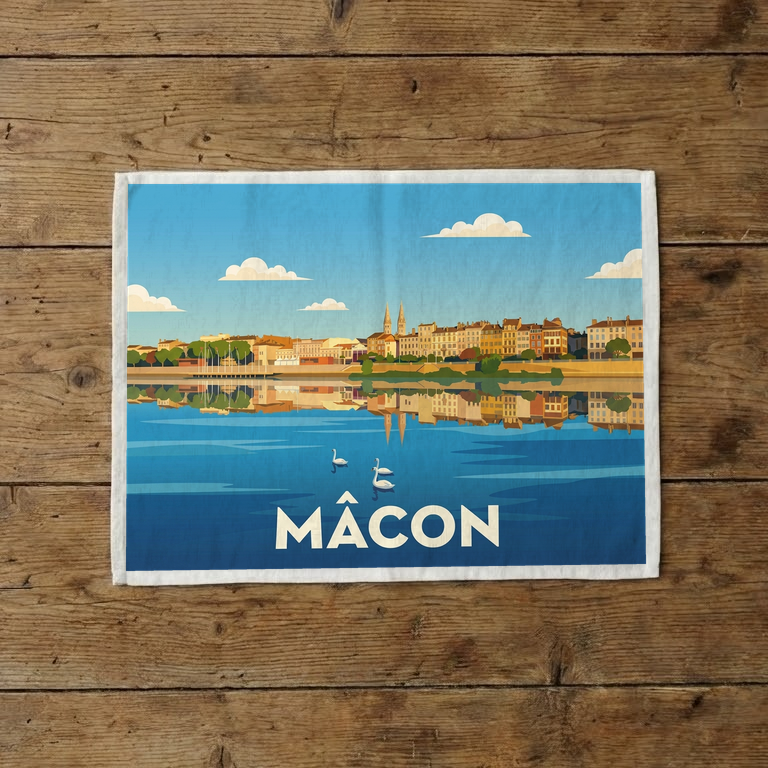 Torchon souvenir de la ville de Mâcon avec une illustration stylisée de ses quais.