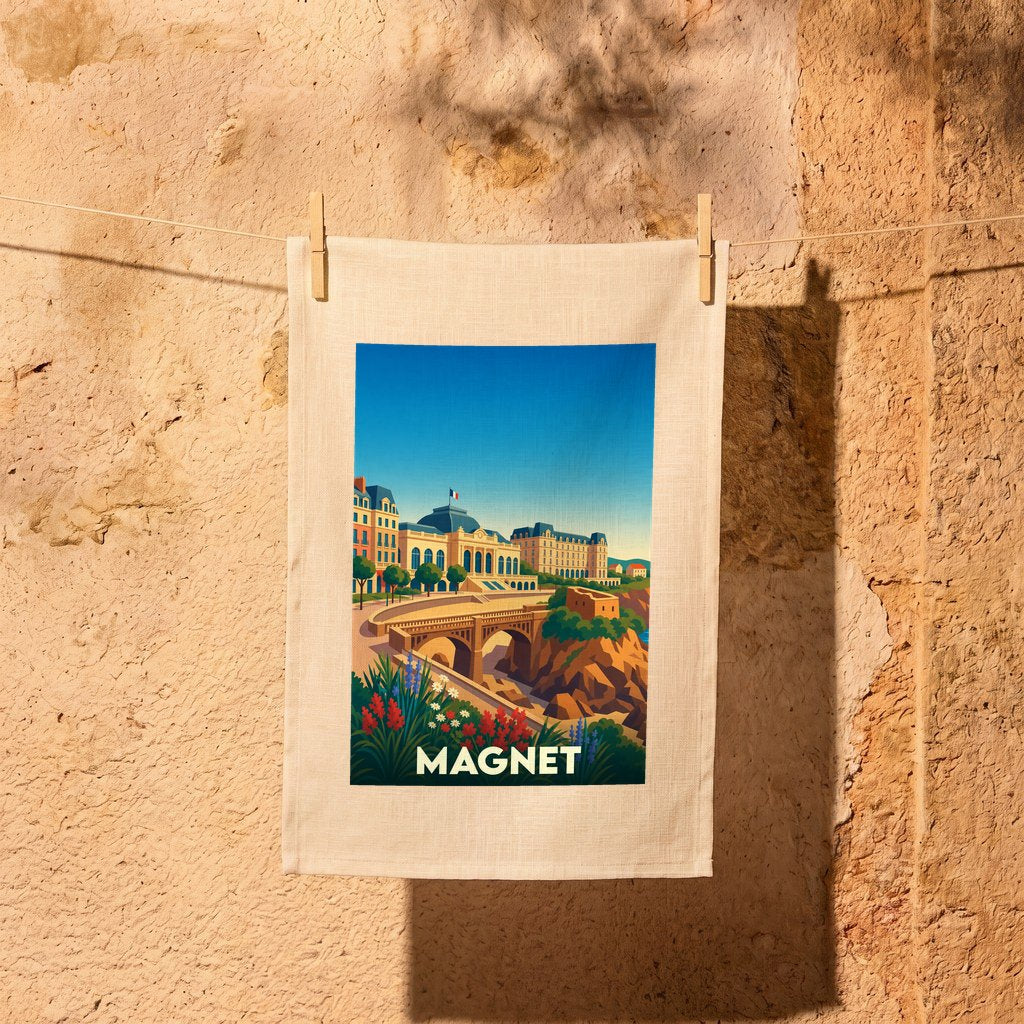 Torchon souvenir de la ville de Magnet avec une illustration stylisée.