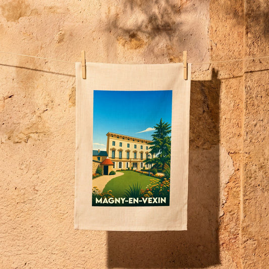Torchon souvenir de la ville de Magny-en-Vexin avec une illustration stylisée d'un domaine arboré.