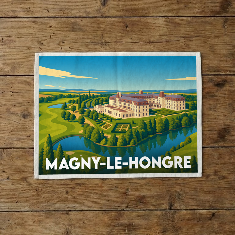Torchon souvenir de la ville de Magny-le-Hongre avec une illustration stylisée d'un domaine entouré de verdure et d'eau.