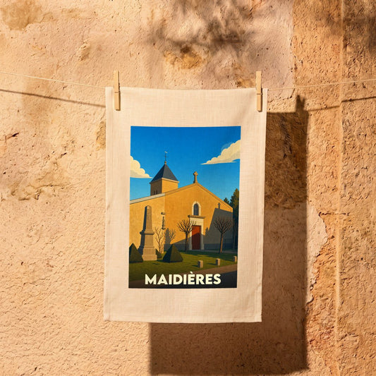 Torchon souvenir de la ville de Maidières avec une illustration stylisée de son église.