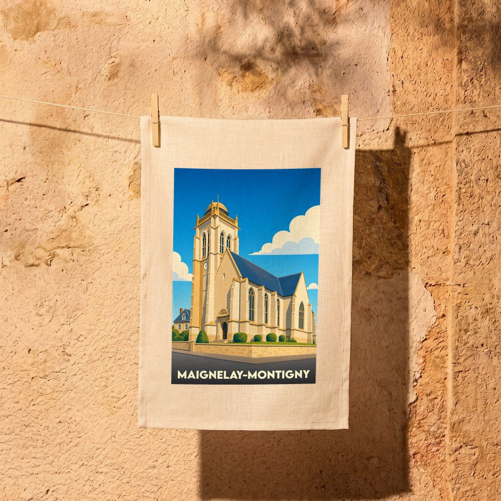 Torchon souvenir de la ville de Maignelay-Montigny avec une illustration stylisée de son église.