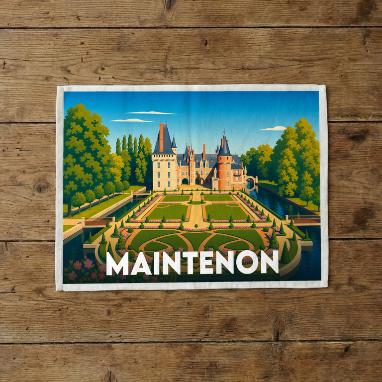 Torchon souvenir de la ville de Maintenon avec une illustration stylisée de son château et de ses jardins.