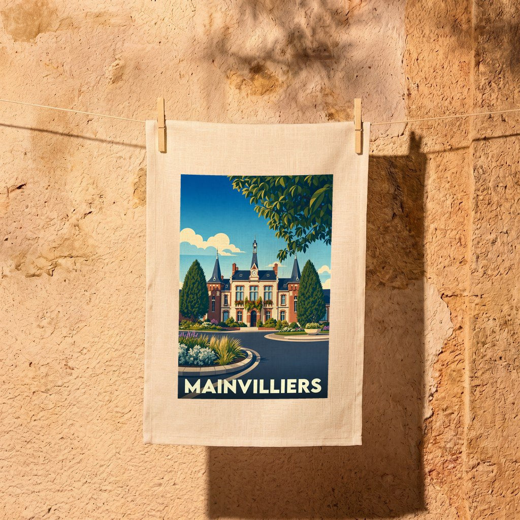 Torchon souvenir de la ville de Mainvilliers avec une illustration stylisée de son hôtel de ville.