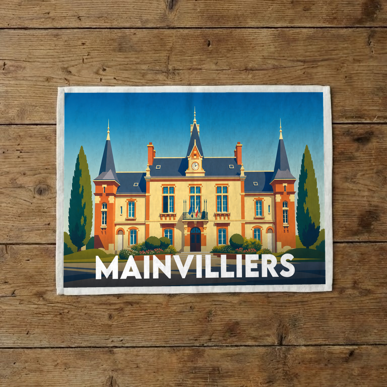 Torchon souvenir de la ville de Mainvilliers avec une illustration stylisée de son hôtel de ville.