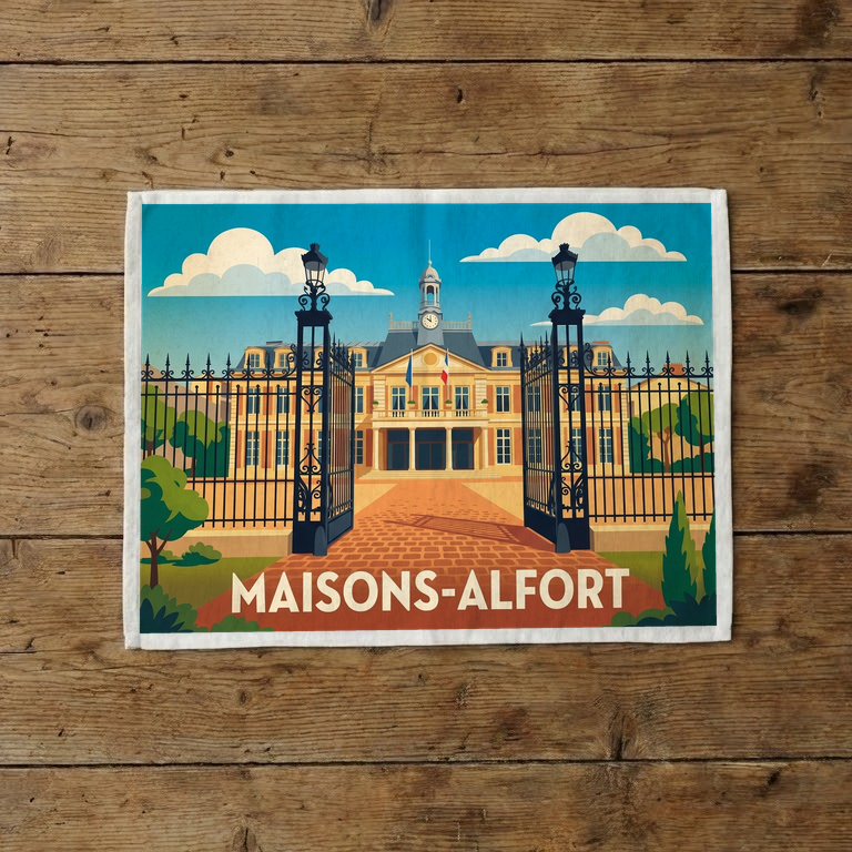 Torchon souvenir de la ville de Maisons-Alfort avec une illustration stylisée de sa mairie.