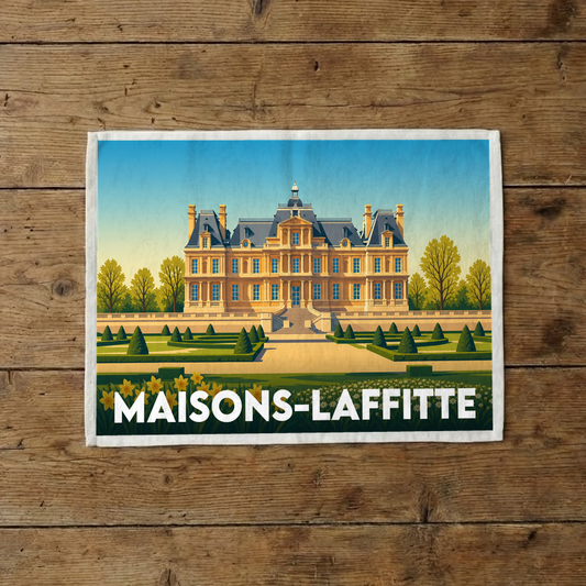 Torchon souvenir de la ville de Maisons-Laffitte avec une illustration stylisée de son château.
