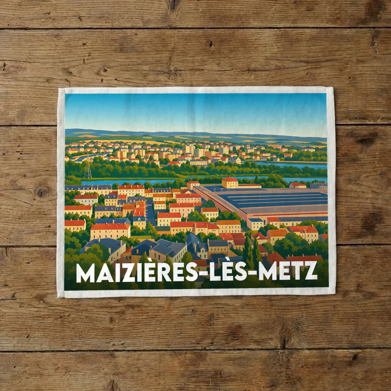 Torchon souvenir de la ville de Maizières-lès-Metz avec une illustration stylisée.