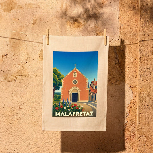 Torchon souvenir de la ville de Malafretaz avec une illustration stylisée de son église.