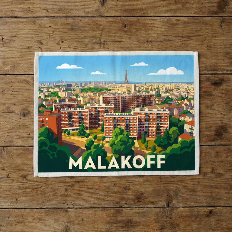 Torchon souvenir de la ville de Malakoff avec une illustration stylisée.