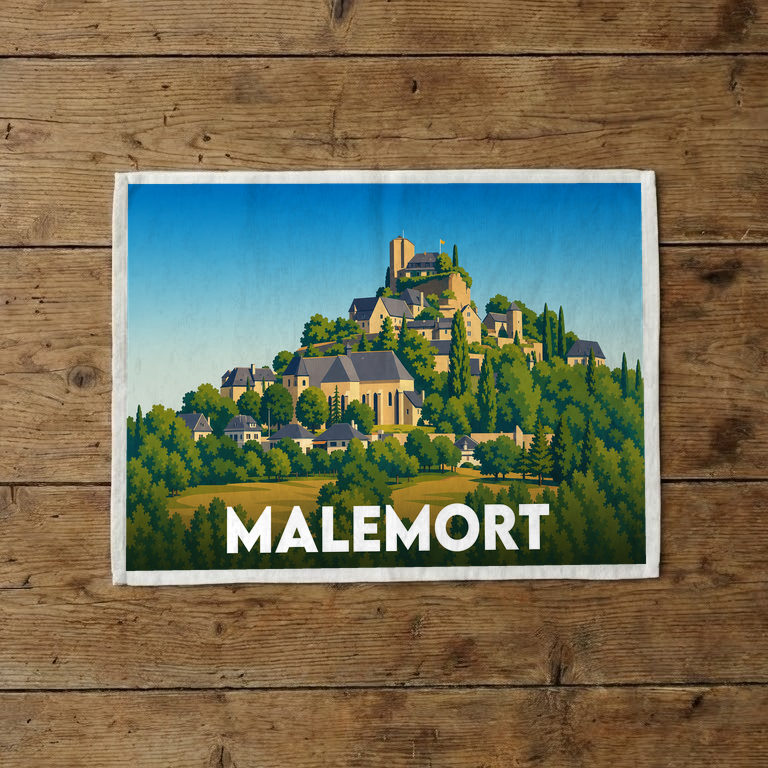 Torchon souvenir de la ville de Malemort avec une illustration stylisée d'un village perché.