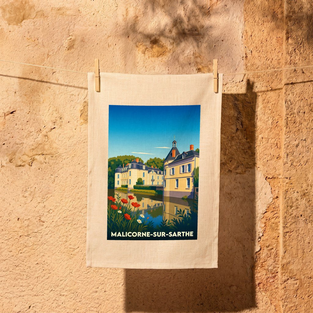 Torchon souvenir de la ville de Malicorne-sur-Sarthe avec une illustration stylisée de son château.