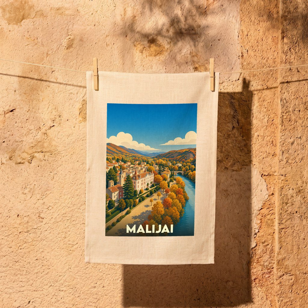 Torchon souvenir de la ville de Malijai avec une illustration stylisée de son paysage provençal.