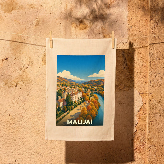 Torchon souvenir de la ville de Malijai avec une illustration stylisée de son paysage provençal.
