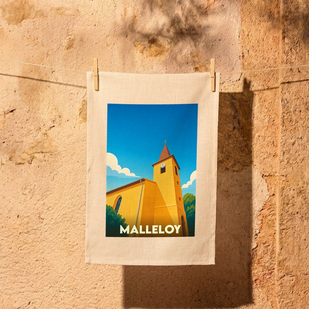 Torchon souvenir de la ville de Malleloy illustré par une église stylisée sous un ciel bleu.