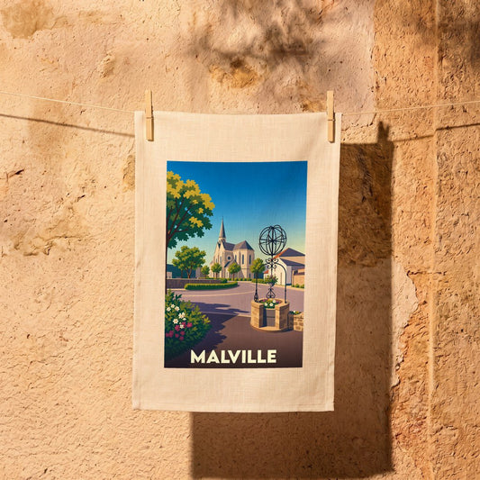 Torchon souvenir de la ville de Malville avec une illustration stylisée.