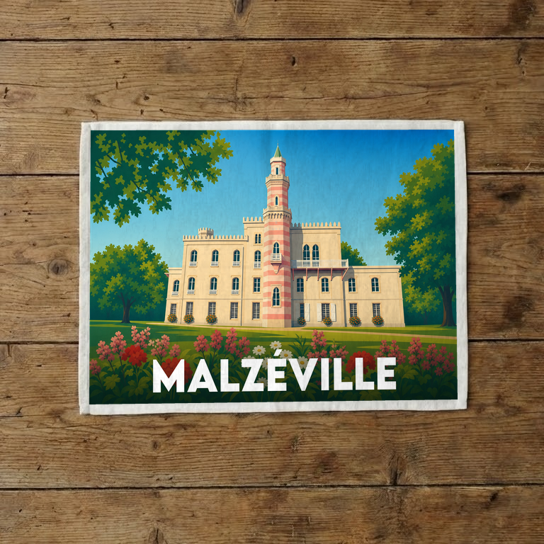 Torchon souvenir de la ville de Malzéville illustré d'un château néogothique entouré de verdure.