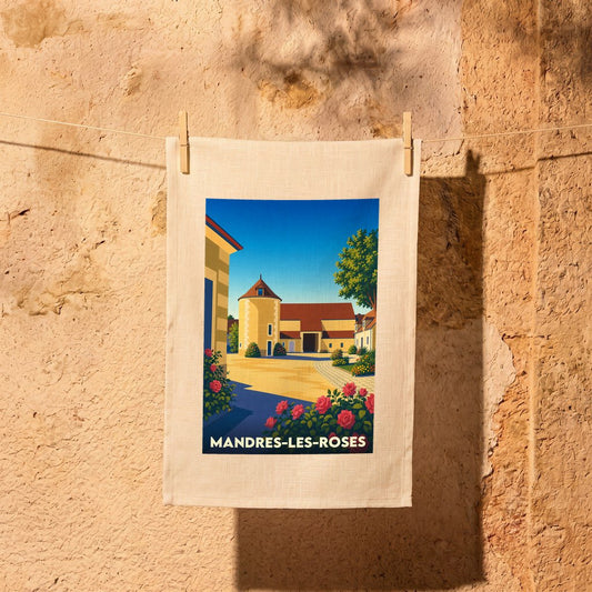 Torchon souvenir de la ville de Mandres-les-Roses avec une illustration stylisée.