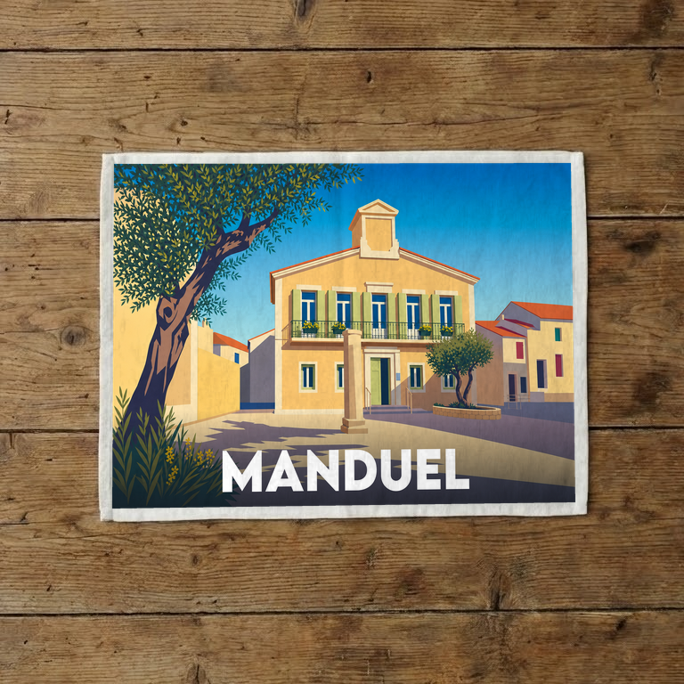 Torchon souvenir de la ville de Manduel avec une illustration stylisée d'une place ensoleillée.