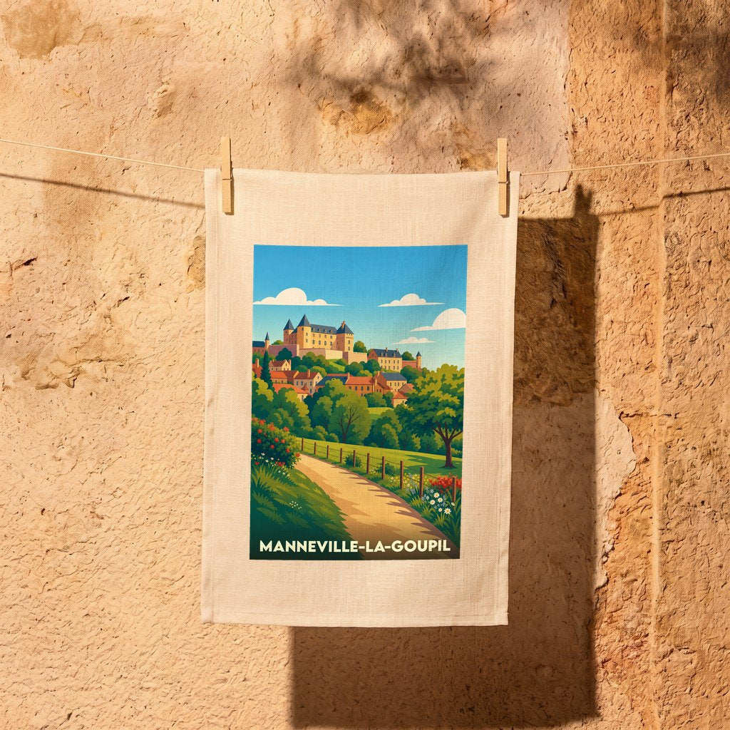 Torchon souvenir de la ville de Manneville-la-Goupil avec une illustration stylisée de son paysage et de son château.