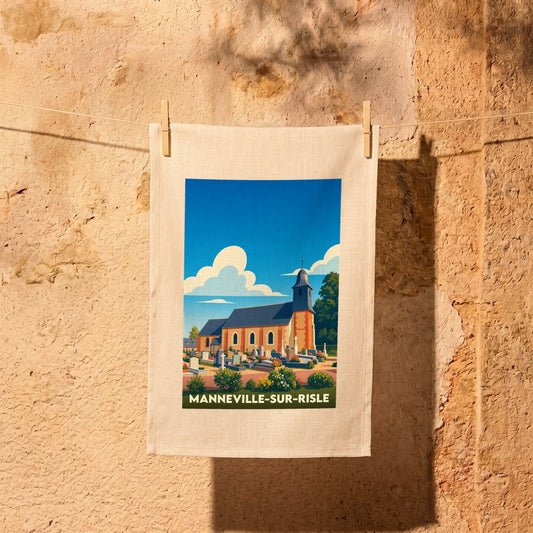 Torchon souvenir de la ville de Manneville-sur-Risle avec une illustration stylisée de son église et de son cimetière.