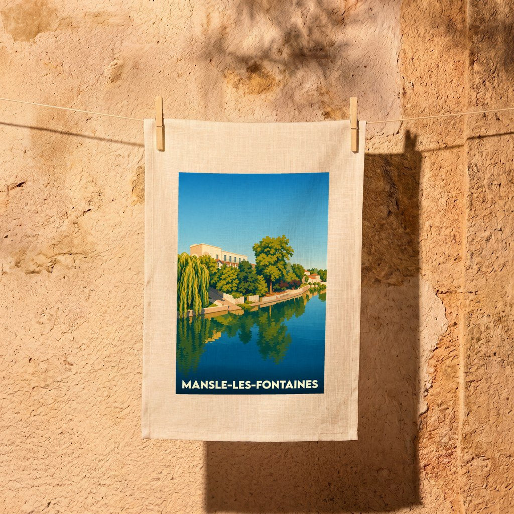 Torchon souvenir de la ville de Mansle-les-Fontaines avec une illustration stylisée des bords de Charente.
