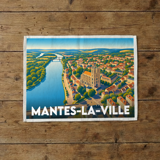 Torchon souvenir de la ville de Mantes-la-Ville avec une illustration panoramique stylisée.