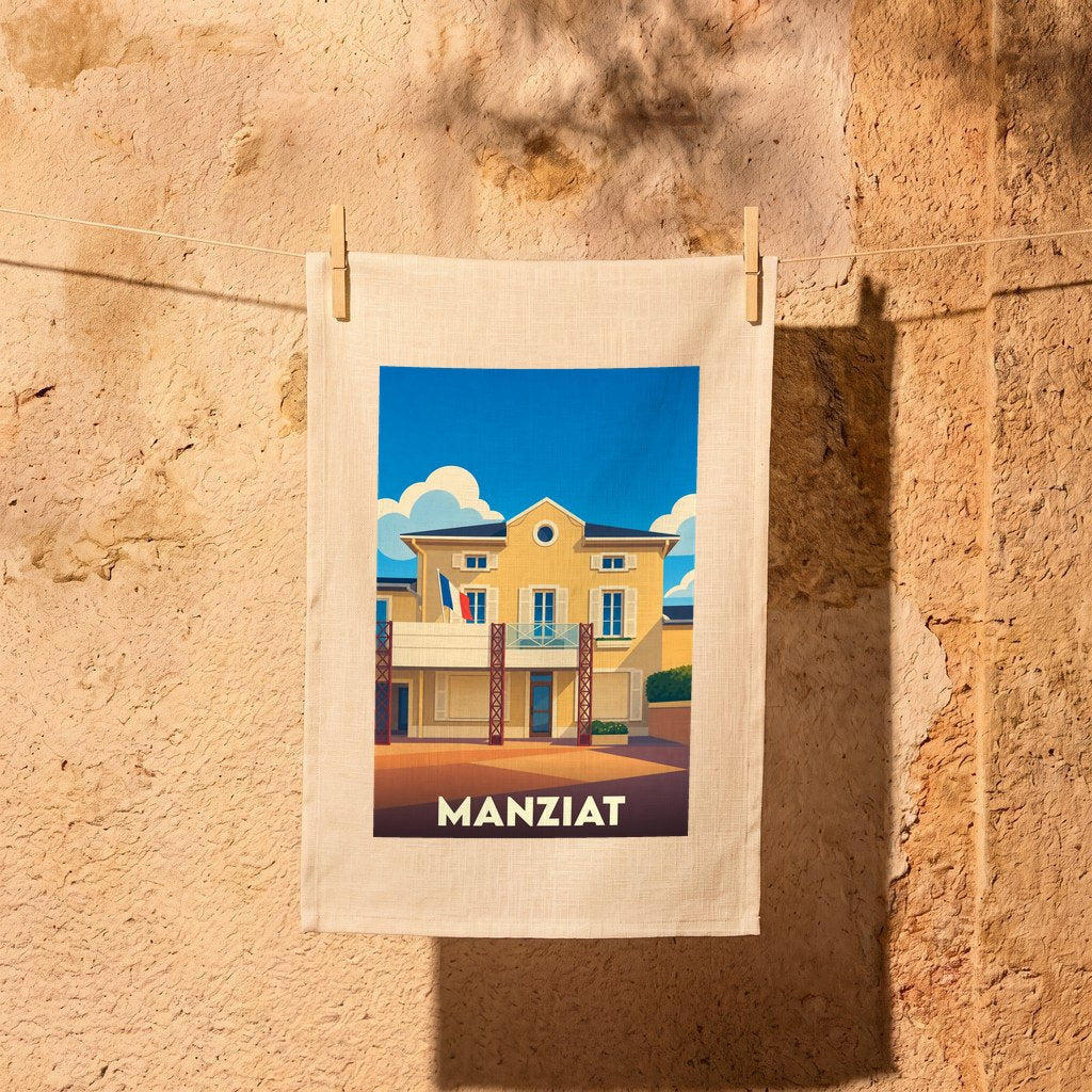 Torchon souvenir de la ville de Manziat avec une illustration stylisée d'un bâtiment emblématique.