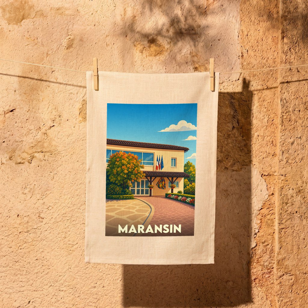 Torchon souvenir de la ville de Maransin avec une illustration stylisée de sa mairie.