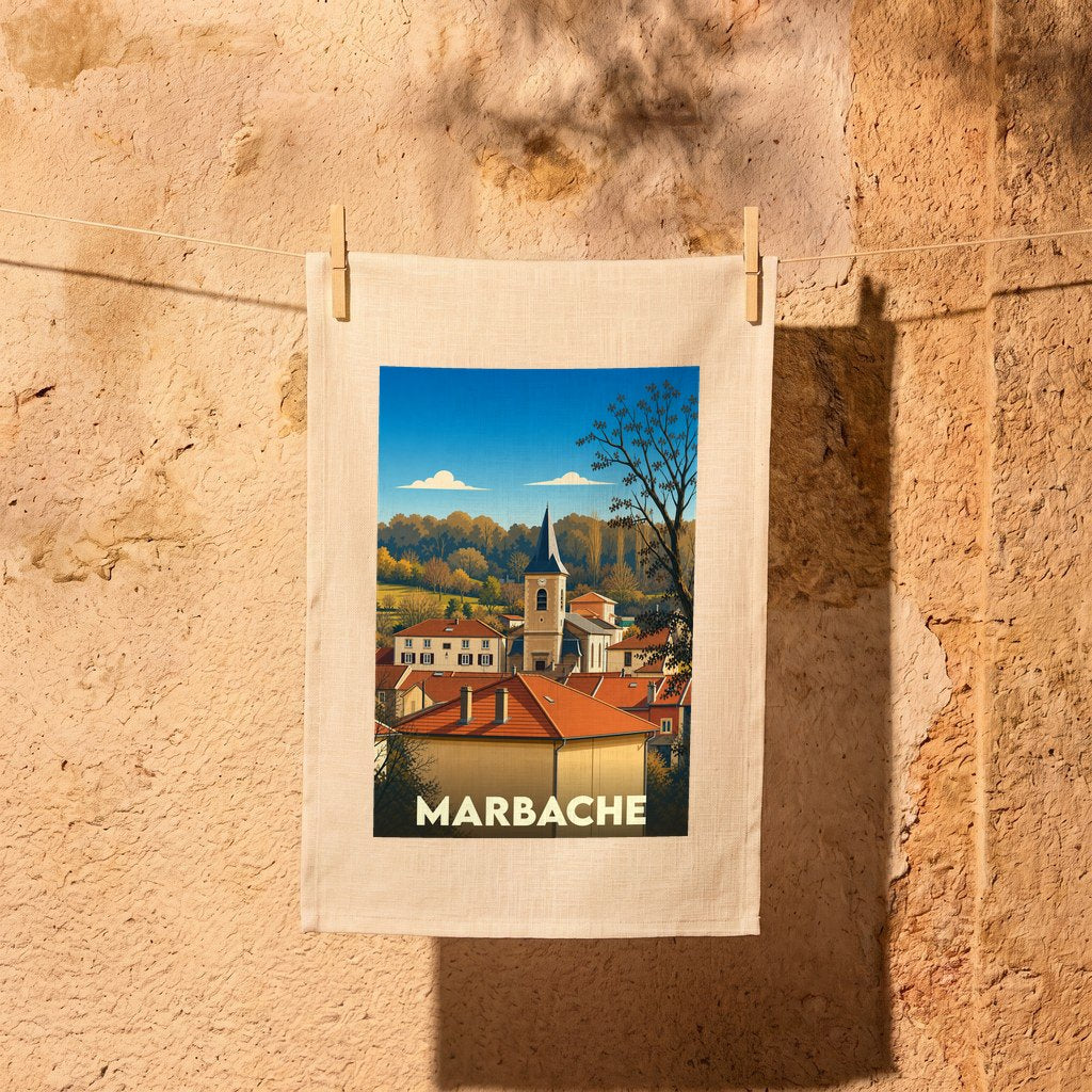 Torchon souvenir de la ville de Marbache avec une illustration stylisée d'un paysage urbain.