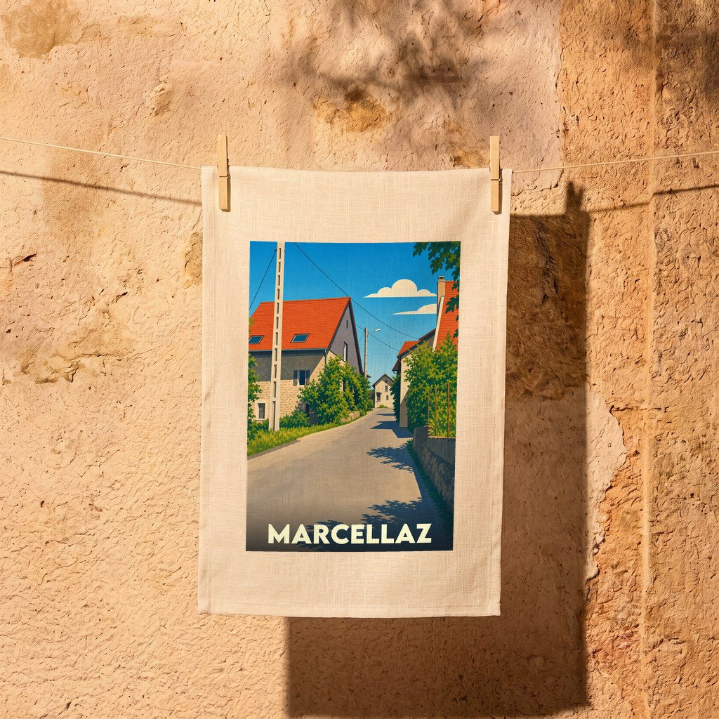 Torchon souvenir de la ville de Marcellaz illustré d'une rue de village stylisée, suspendu à une corde à linge devant un mur en pierre.