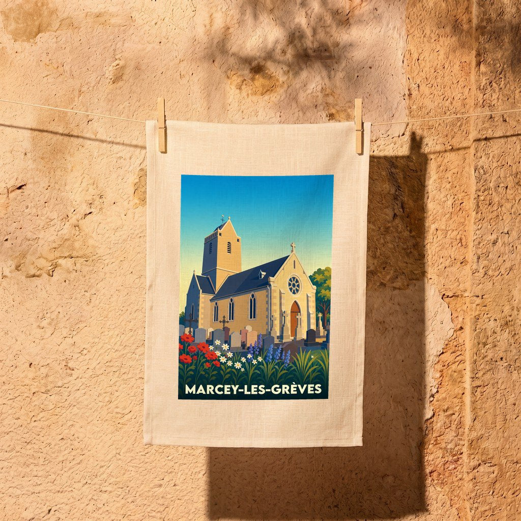 Torchon souvenir de la ville de Marcey-les-Grèves avec une illustration stylisée de son église.