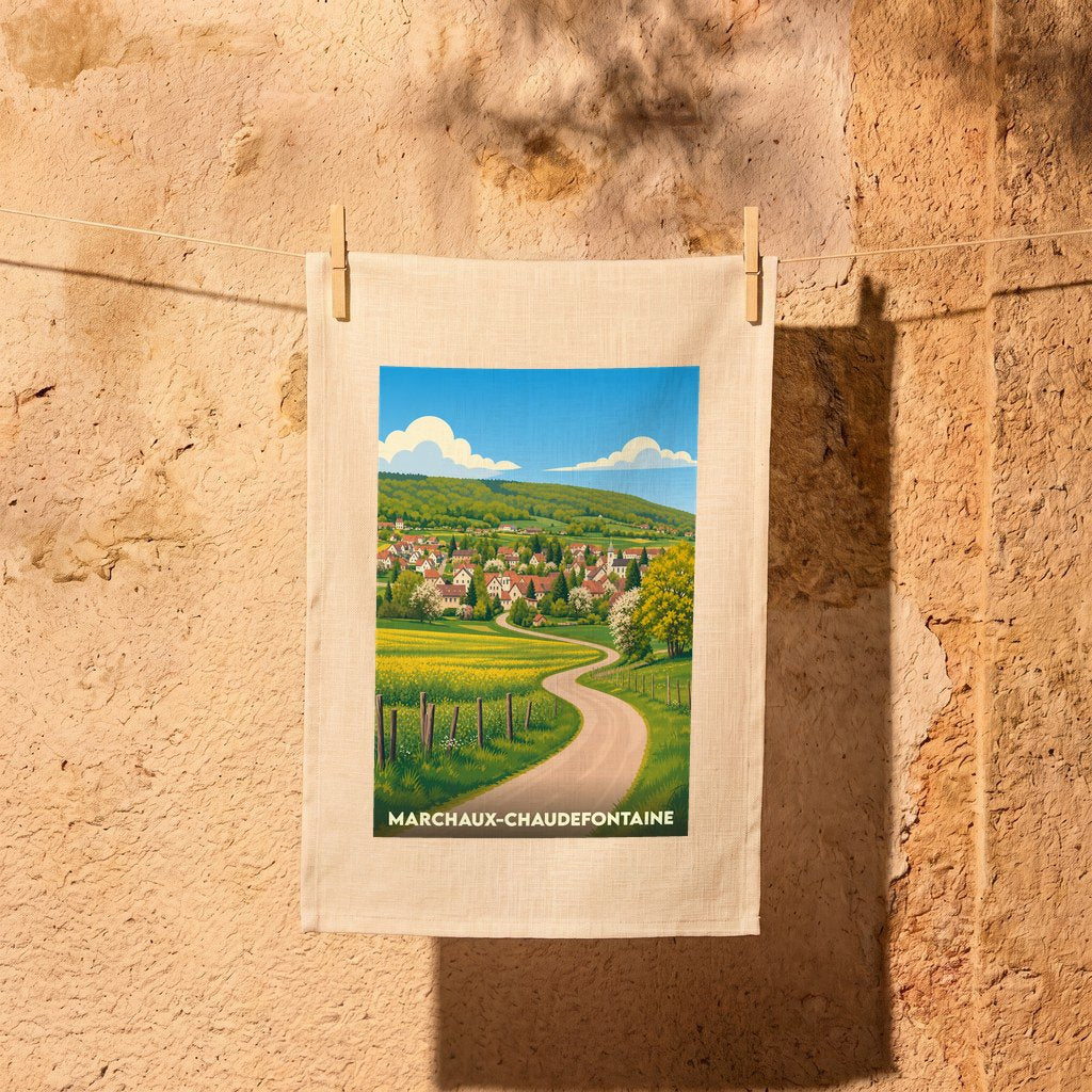 Torchon souvenir de la ville de Marchaux-Chaudefontaine avec une illustration de paysage rural.