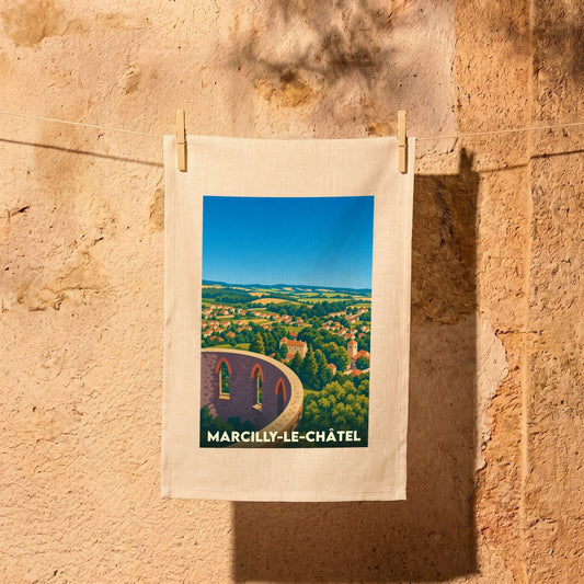 Torchon souvenir de Marcilly-le-Châtel avec une illustration stylisée d'un panorama de la ville et de son château.