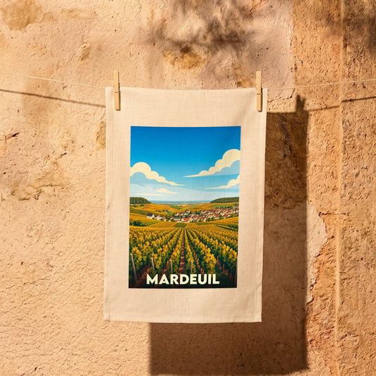 Torchon souvenir de la ville de Mardeuil avec une illustration stylisée d'un vignoble ensoleillé.