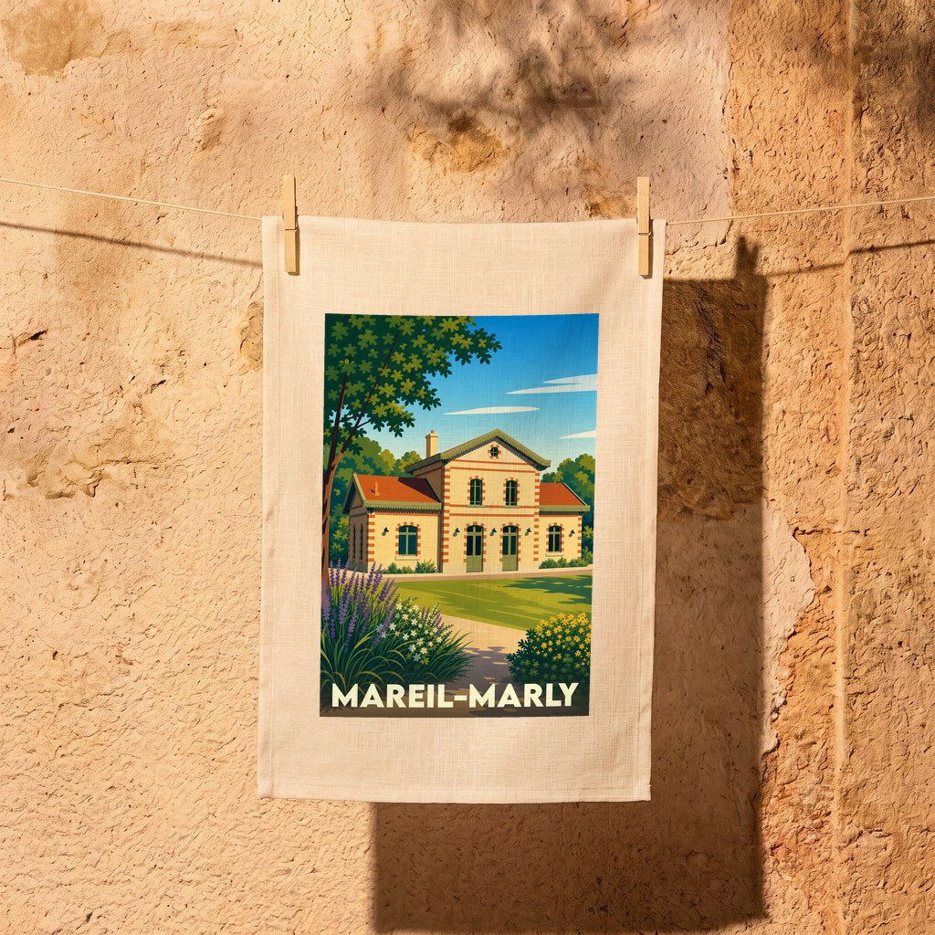 Torchon souvenir de la ville de Mareil-Marly illustré d'un dessin stylisé de sa gare.