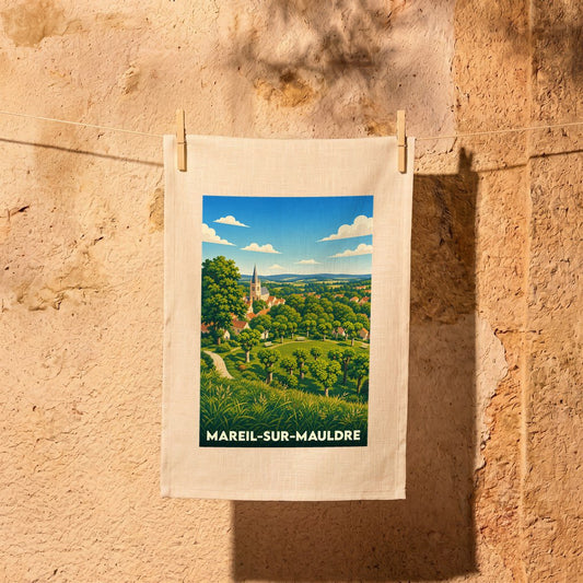 Torchon souvenir de la ville de Mareil-sur-Mauldre avec une illustration de paysage champêtre.